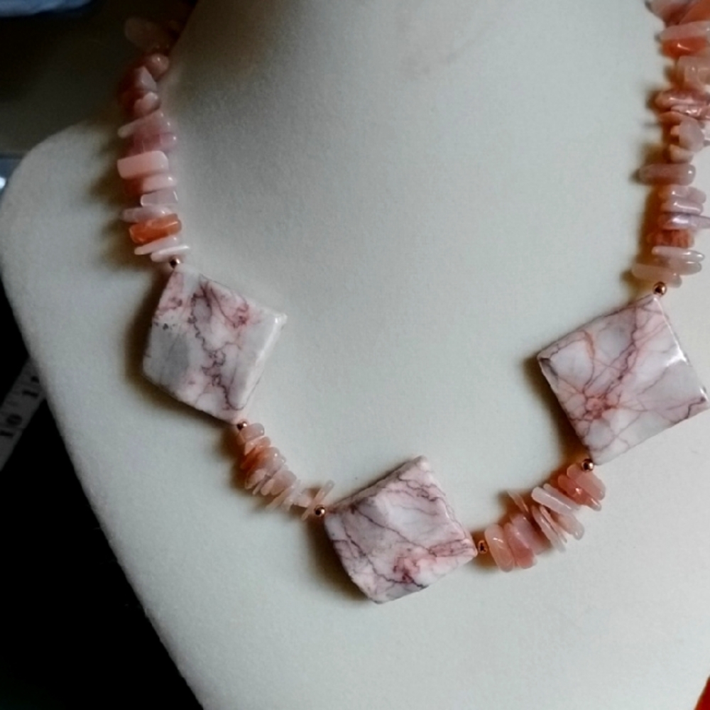 Hand Crafted Red Marble And Peach Moonstone Statement Necklace And Earrings
